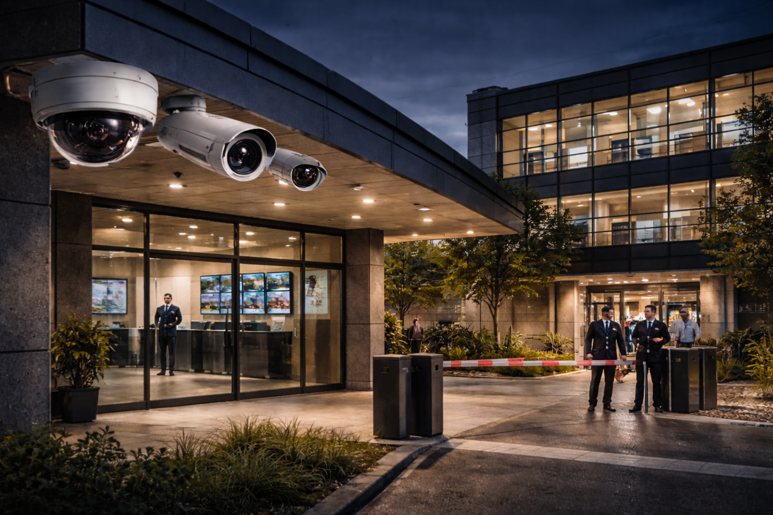 Security cameras monitoring facility entrance